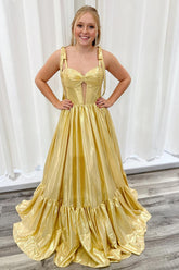 Gold Prom Dress Metallic Ruched Ruffle A Line Formal Dress With Bow
